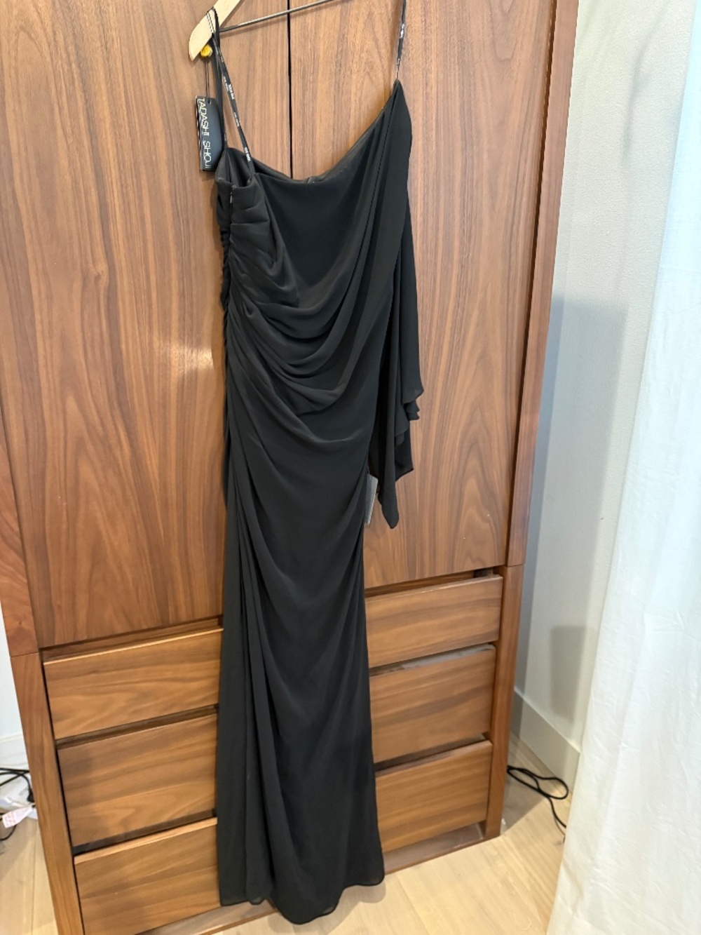 Tadashi Shoji One Shoulder Crepe/Chiffon Black Evening Dress Size 12 NWT